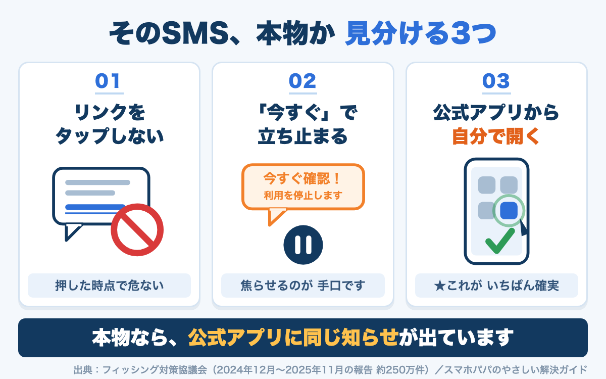 詐欺SMSの見分け方3つ 01 リンクをタップしない 02「今すぐ」で立ち止まる 03 公式アプリから自分で開く
