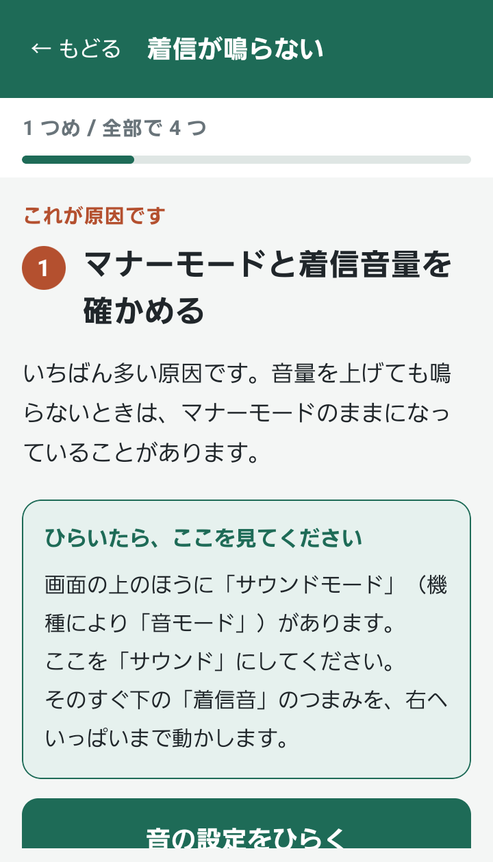 直し方の画面。1つめ/全部で4つの表示と、ひらいたら、ここを見てくださいの案内