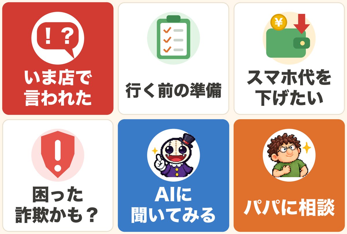 公式LINE「スマホパパの教科書」のメニュー画面。6つのボタンが並ぶ